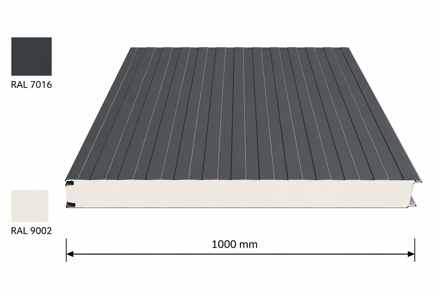Panneaux sandwich 060 industriels, longueur 2500 mm, nervuré RAL 7016/9002