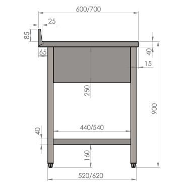 Spoeltafel 600x700 met 1 bak en ondertablet